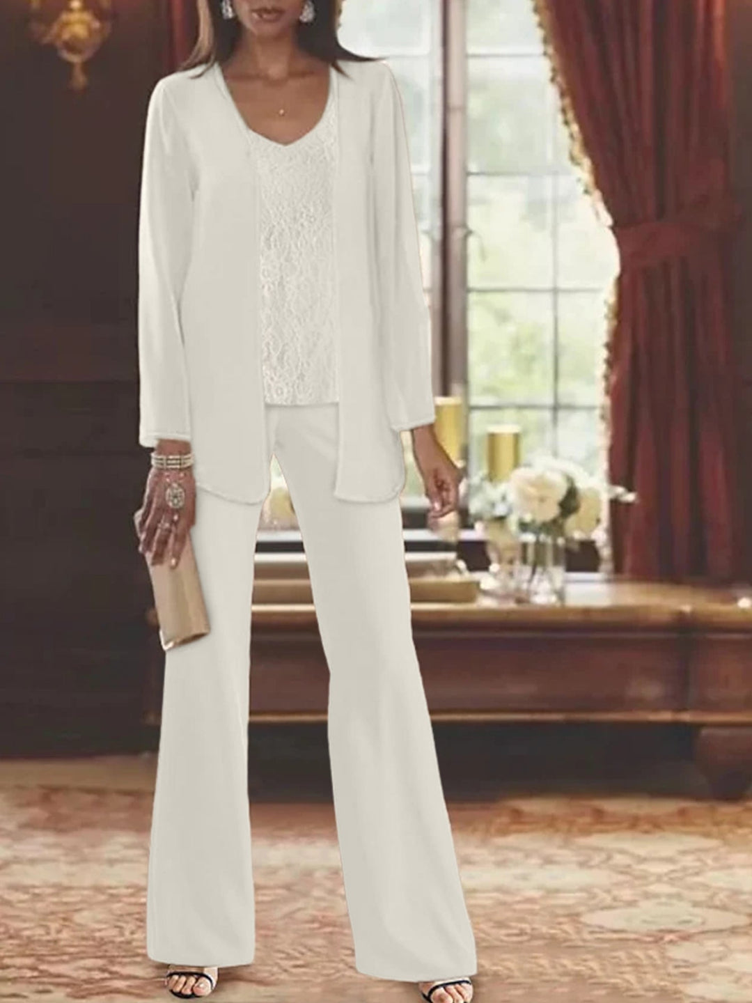 Tailleur-Pantalon en Mousseline de Soie avec Veste pour Mère de la Mariée