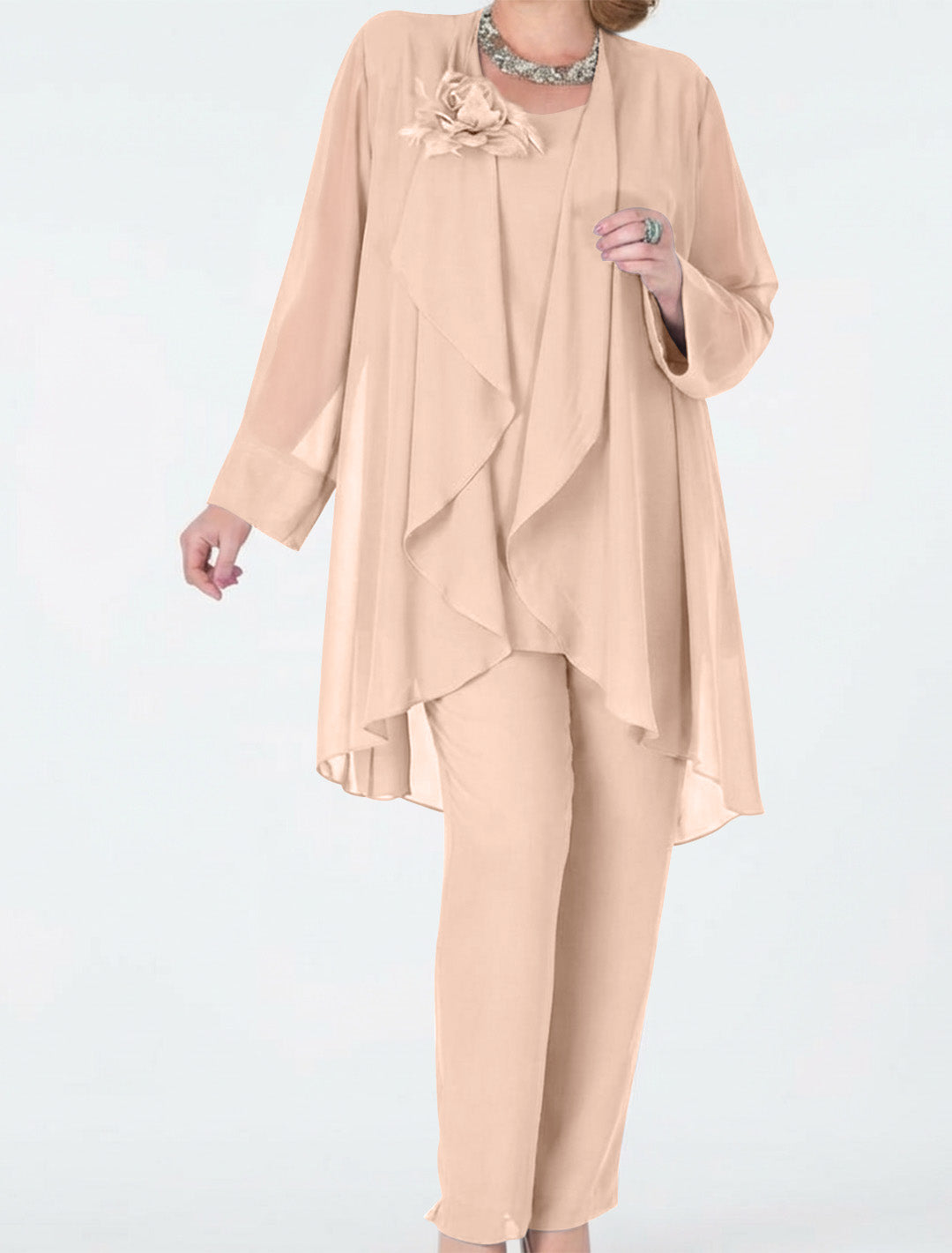 Tailleur-Pantalon en Mousseline de Soie avec Veste pour Mère de la Mariée