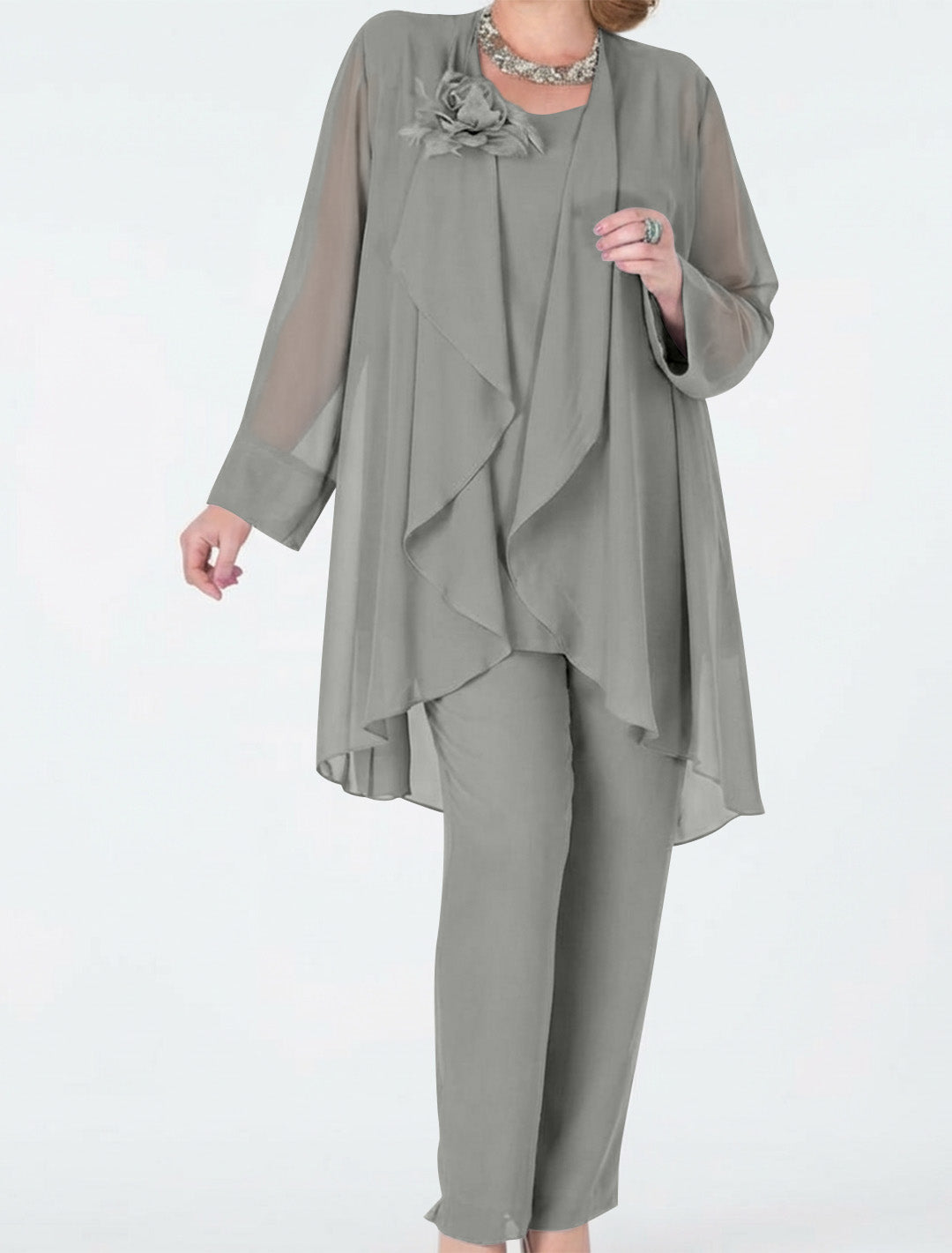Tailleur-Pantalon en Mousseline de Soie avec Veste pour Mère de la Mariée