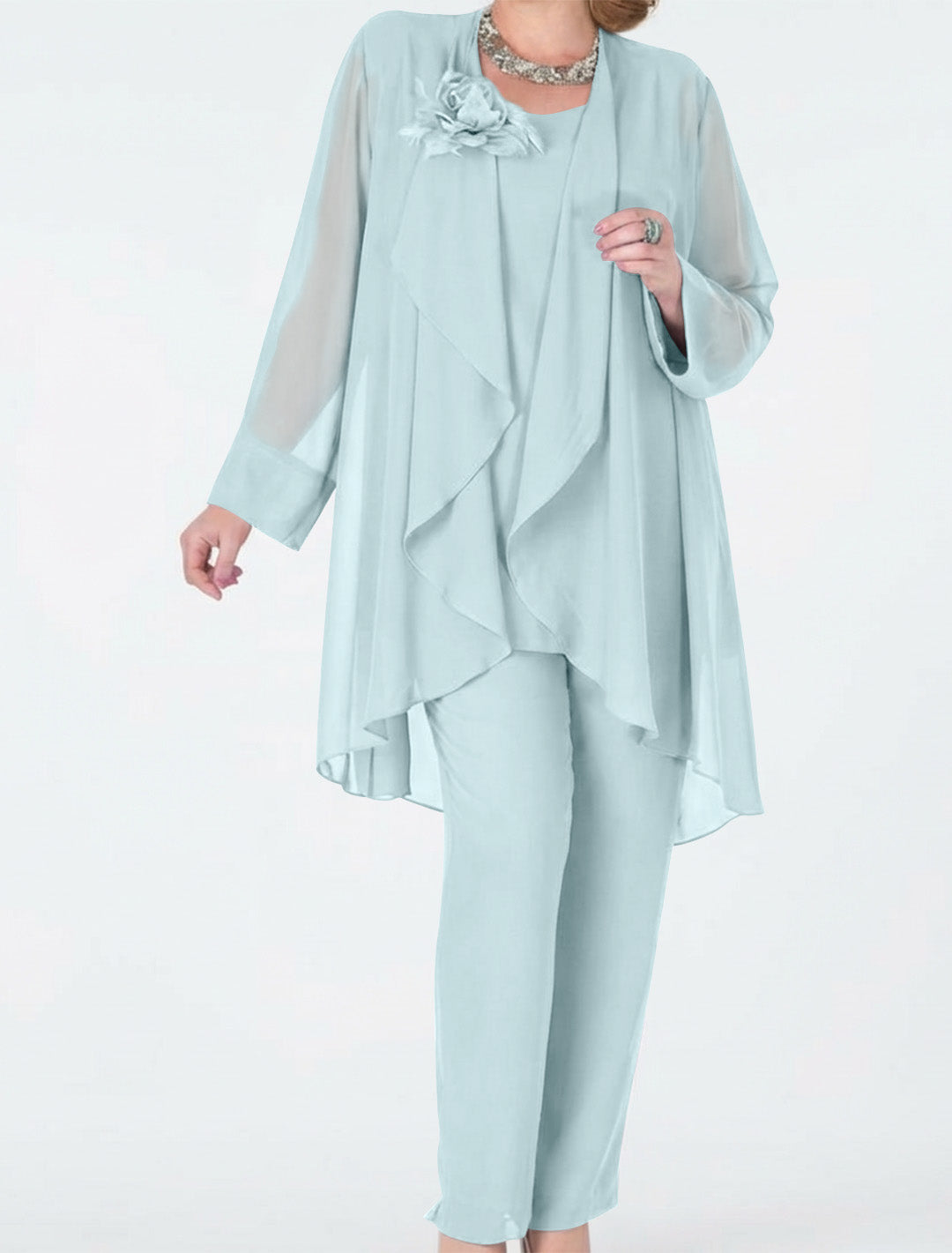Tailleur-Pantalon en Mousseline de Soie avec Veste pour Mère de la Mariée