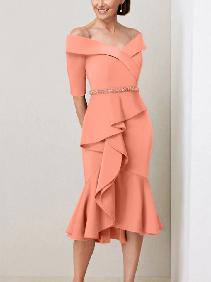 Robes de Mère de la Mariée Fourreau/Colonne à Épaules Dénudées et à Demi-Manches avec Perles et Volants