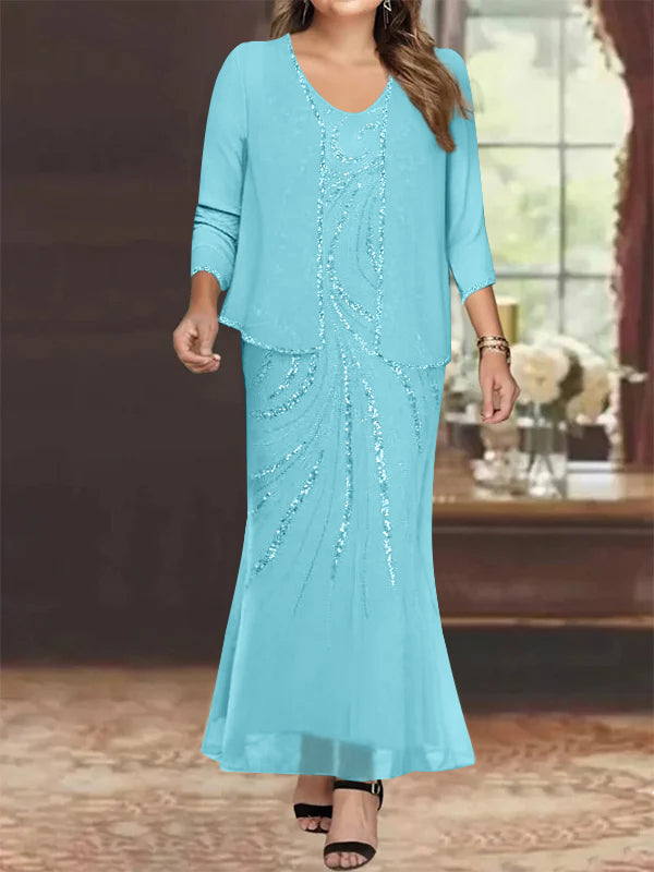 Robe de Mère de la Mariée Grande Taille, Fourreau/Colonne, Col en V, Longueur Cheville, avec Veste et Paillettes