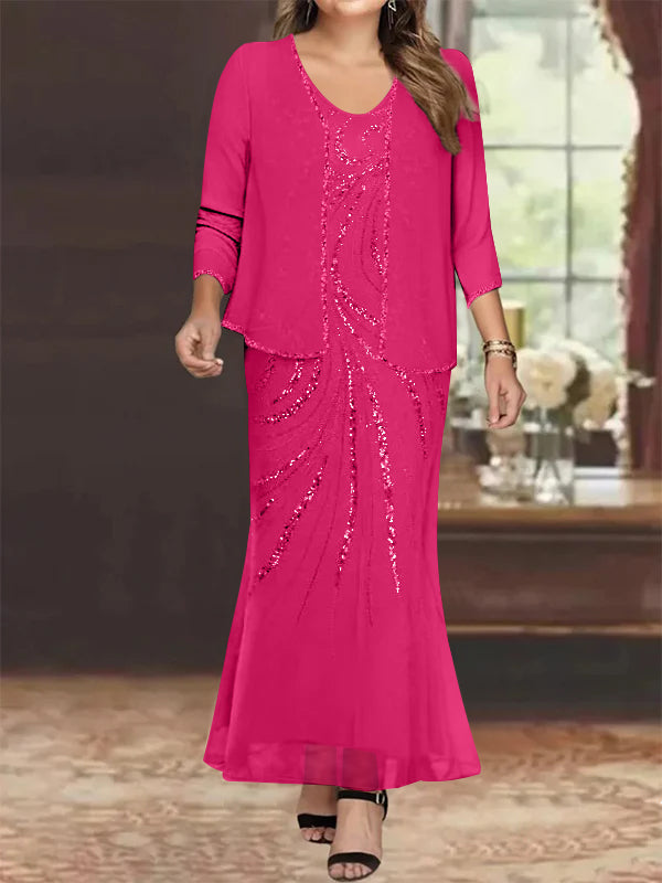 Robe de Mère de la Mariée Grande Taille, Fourreau/Colonne, Col en V, Longueur Cheville, avec Veste et Paillettes
