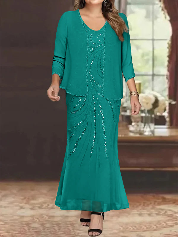 Robe de Mère de la Mariée Grande Taille, Fourreau/Colonne, Col en V, Longueur Cheville, avec Veste et Paillettes