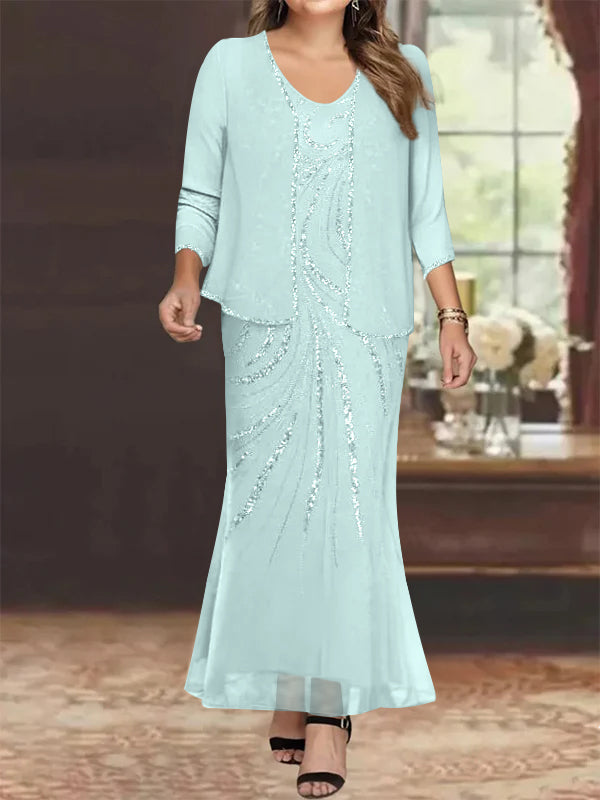 Robe de Mère de la Mariée Grande Taille, Fourreau/Colonne, Col en V, Longueur Cheville, avec Veste et Paillettes