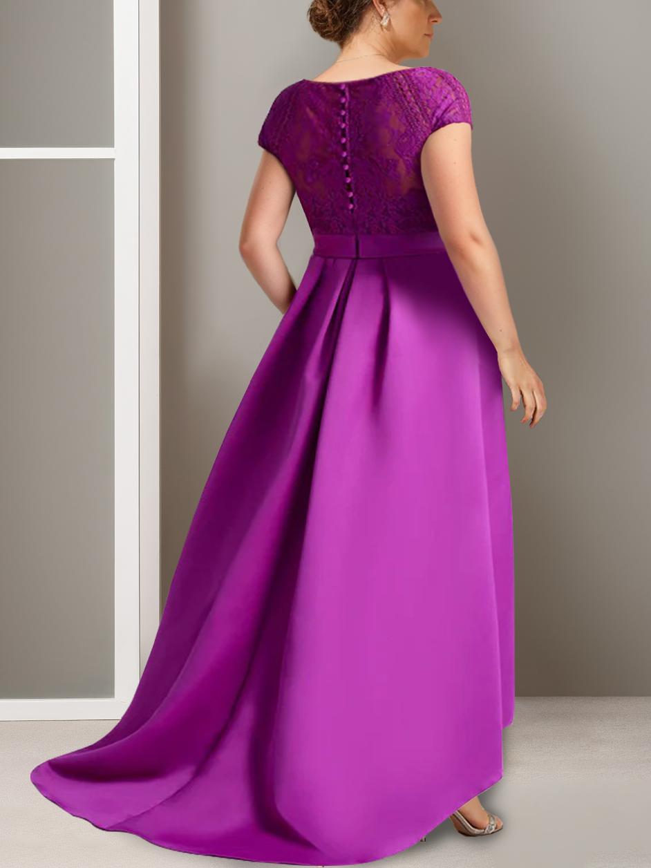 Robe de Mère de la Mariée Asymétrique Grande Taille à Manches Courtes et Coupe Princesse avec Décolleté en V et Appliques