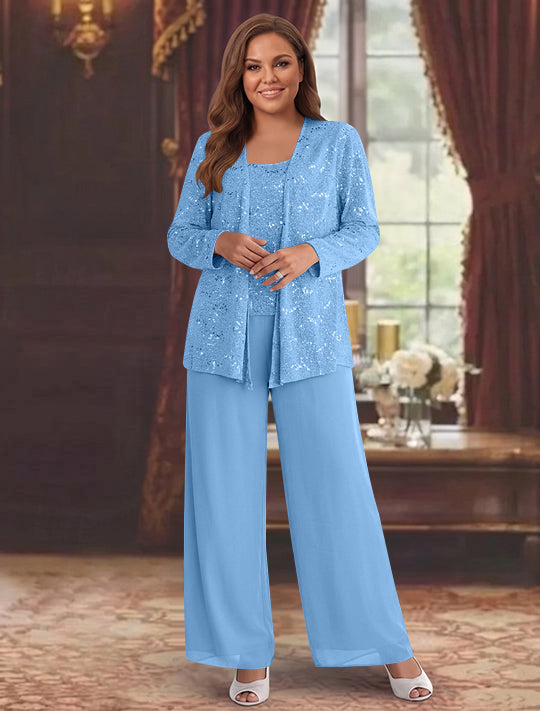 Tailleur-Pantalon Grande Taille en Mousseline de Soie pour Mère de la Mariée avec Veste et Paillettes