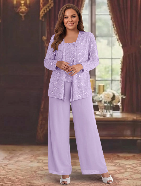 Tailleur-Pantalon Grande Taille en Mousseline de Soie pour Mère de la Mariée avec Veste et Paillettes