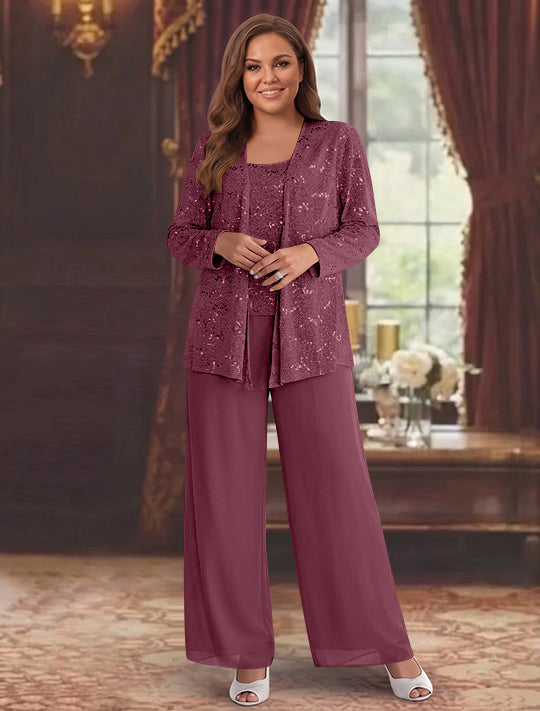 Tailleur-Pantalon Grande Taille en Mousseline de Soie pour Mère de la Mariée avec Veste et Paillettes