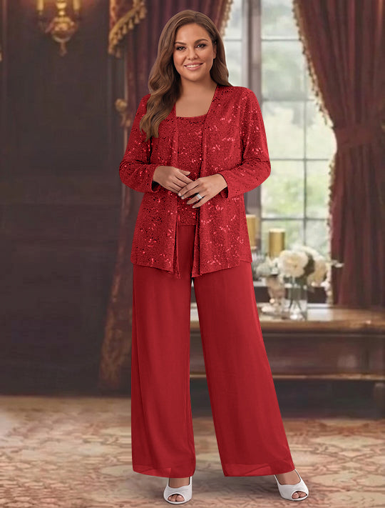 Tailleur-Pantalon Grande Taille en Mousseline de Soie pour Mère de la Mariée avec Veste et Paillettes