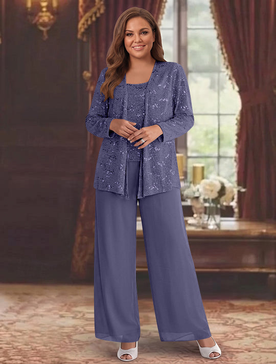 Tailleur-Pantalon Grande Taille en Mousseline de Soie pour Mère de la Mariée avec Veste et Paillettes