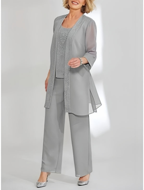 Tailleur-Pantalon en Mousseline de Soie Longueur Cheville pour Mère de la Mariée avec Veste