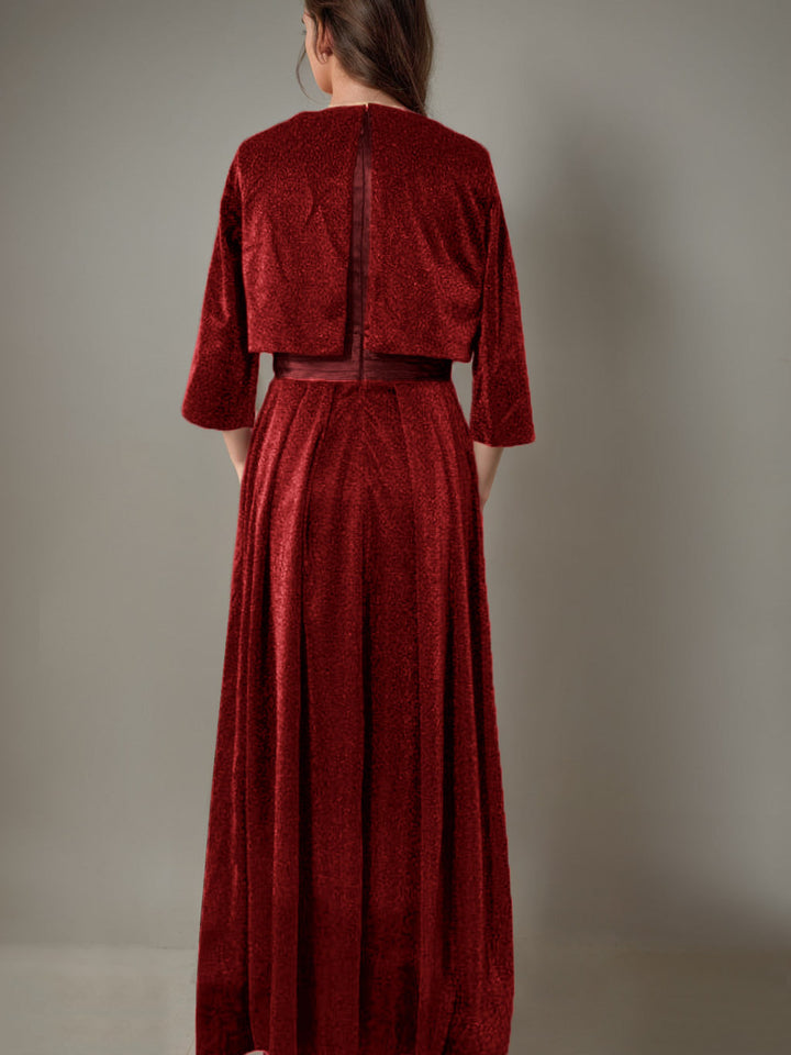 Ensemble 2 Pièces pour Mère de la Mariée, Manches Longues, avec Ceinture, Paillettes