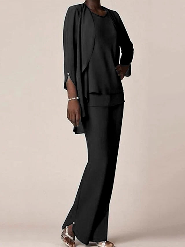 Ensemble pantalon mousseline col rond, manches longues, volants, longueur sol