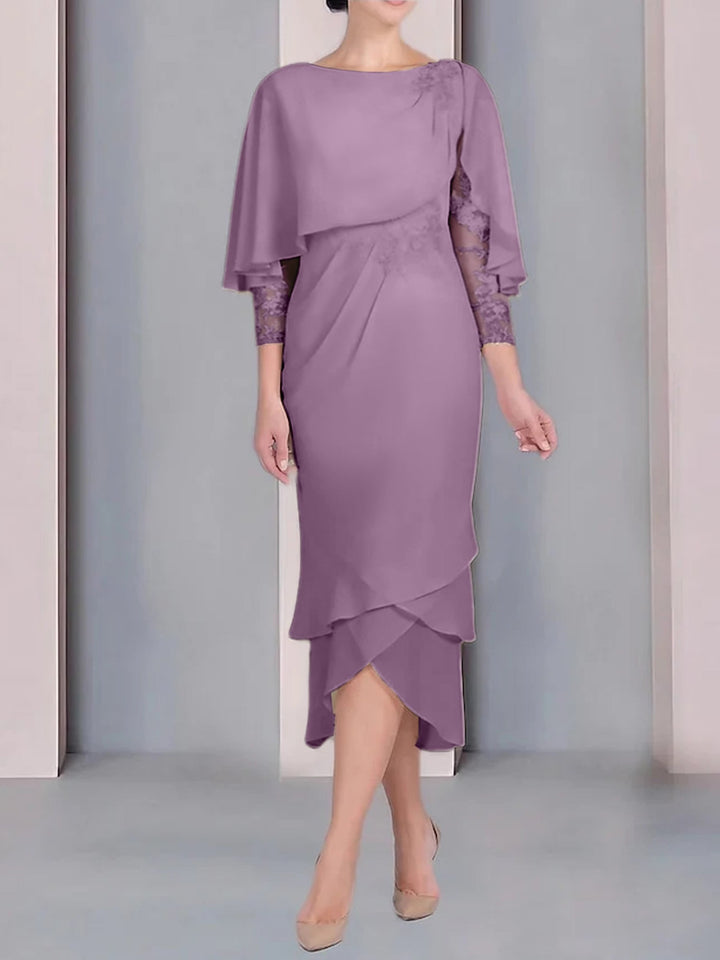 Robe de Mère de la Mariée Fourreau/Colonne à Manches Courtes et Longueur Thé avec Appliques et Dentelle