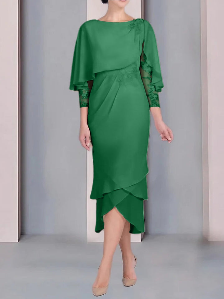 Robe de Mère de la Mariée Fourreau/Colonne à Manches Courtes et Longueur Thé avec Appliques et Dentelle