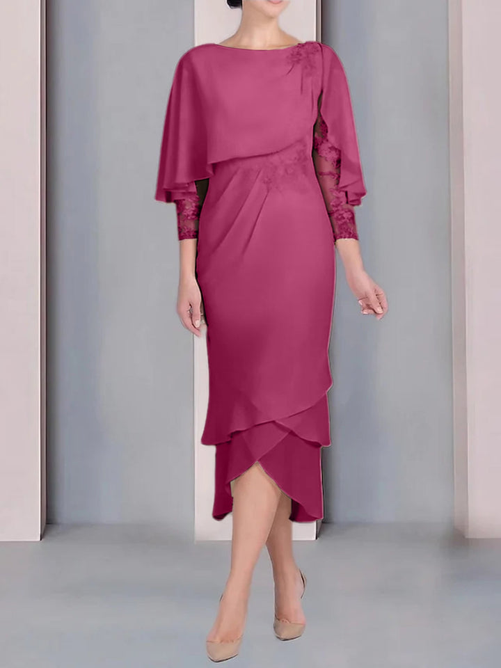 Robe de Mère de la Mariée Fourreau/Colonne à Manches Courtes et Longueur Thé avec Appliques et Dentelle