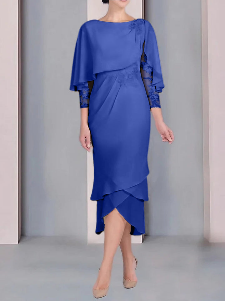 Robe de Mère de la Mariée Fourreau/Colonne à Manches Courtes et Longueur Thé avec Appliques et Dentelle