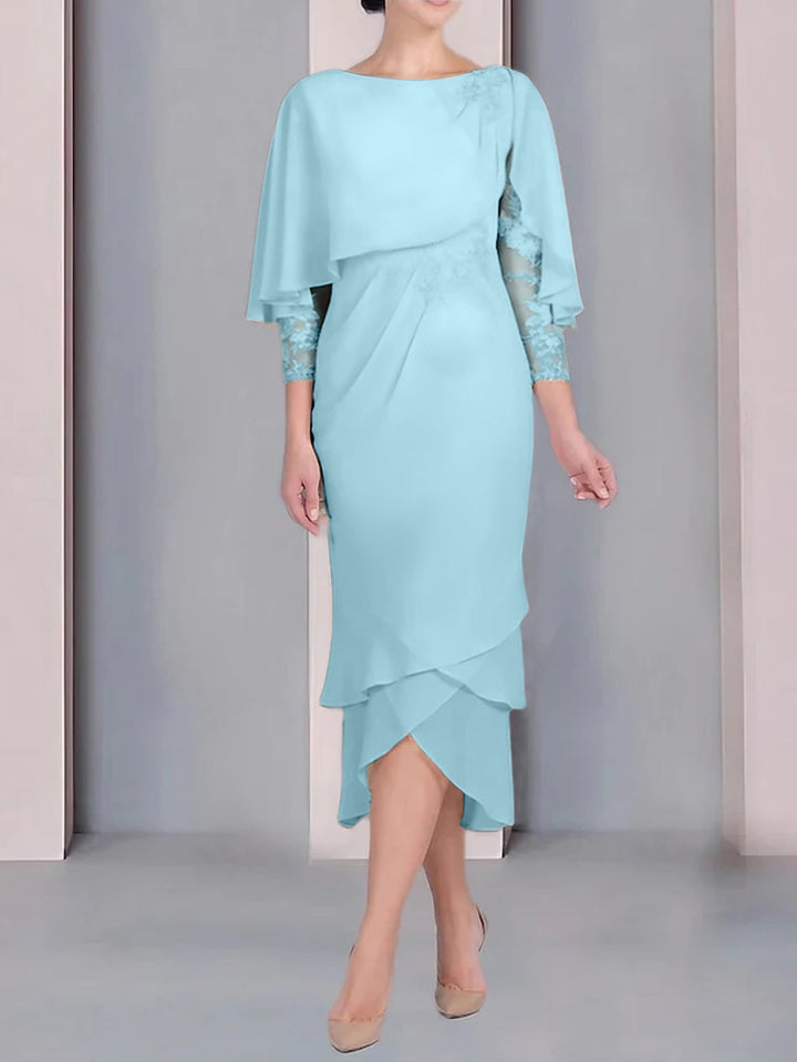 Robe de Mère de la Mariée Fourreau/Colonne à Manches Courtes et Longueur Thé avec Appliques et Dentelle