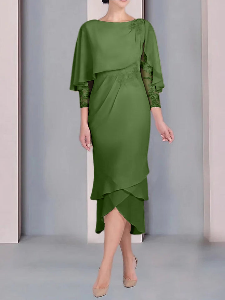 Robe de Mère de la Mariée Fourreau/Colonne à Manches Courtes et Longueur Thé avec Appliques et Dentelle