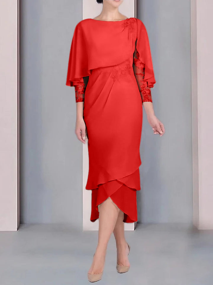 Robe de Mère de la Mariée Fourreau/Colonne à Manches Courtes et Longueur Thé avec Appliques et Dentelle