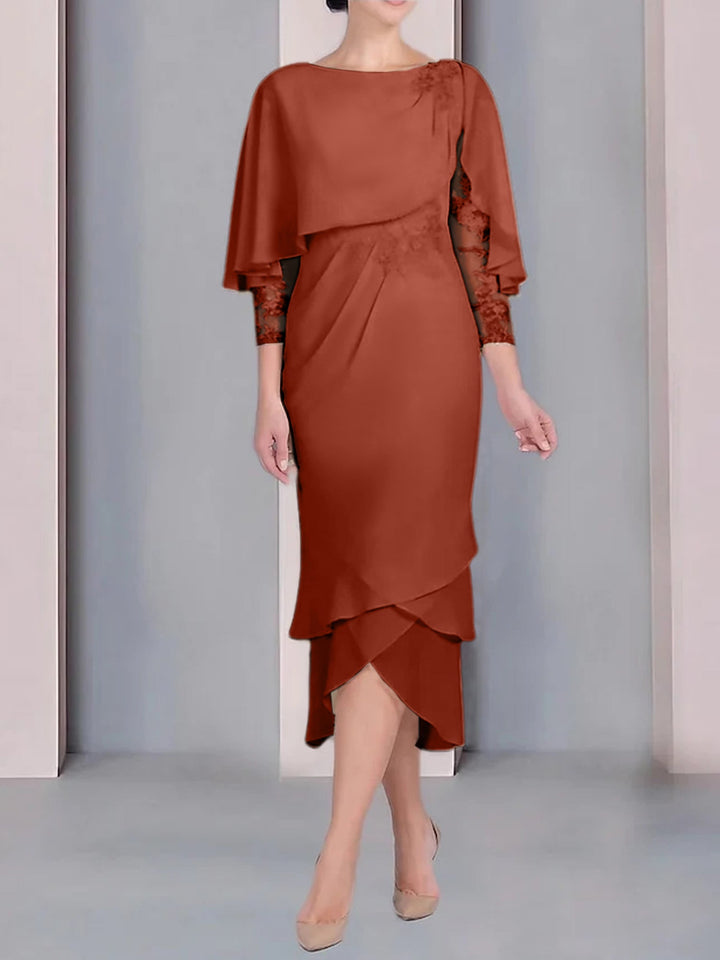 Robe de Mère de la Mariée Fourreau/Colonne à Manches Courtes et Longueur Thé avec Appliques et Dentelle