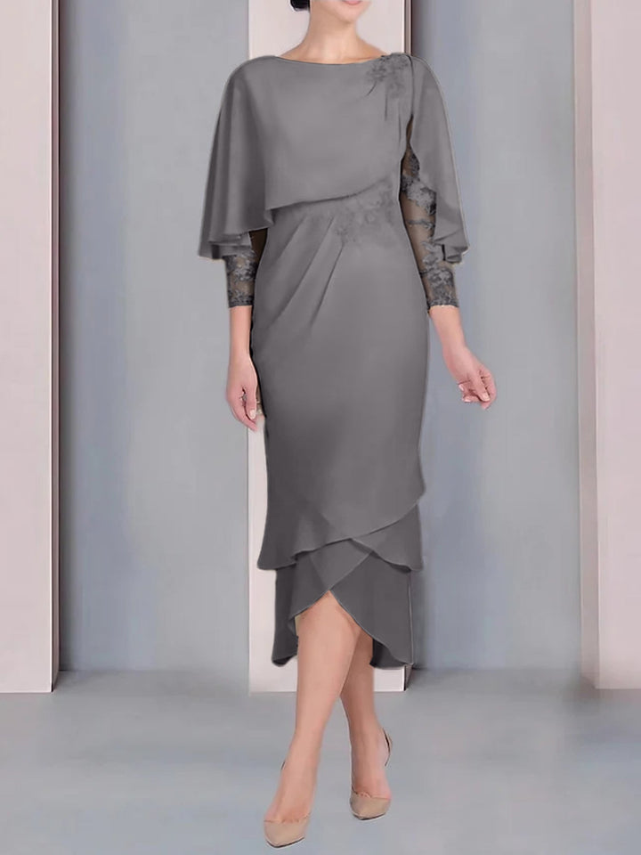 Robe de Mère de la Mariée Fourreau/Colonne à Manches Courtes et Longueur Thé avec Appliques et Dentelle