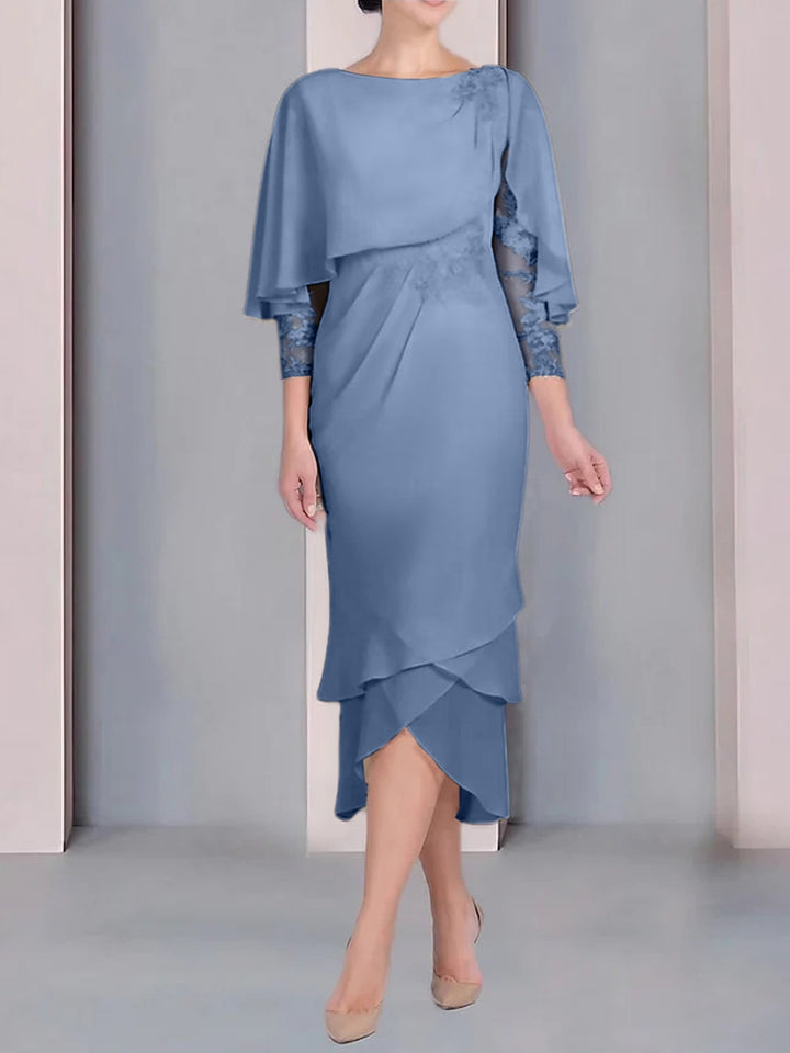 Robe de Mère de la Mariée Fourreau/Colonne à Manches Courtes et Longueur Thé avec Appliques et Dentelle