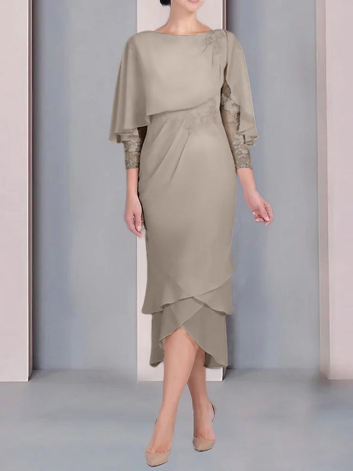 Robe de Mère de la Mariée Fourreau/Colonne à Manches Courtes et Longueur Thé avec Appliques et Dentelle