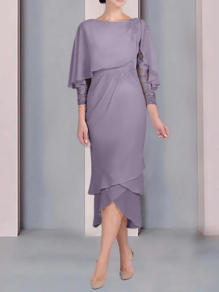 Robe de Mère de la Mariée Fourreau/Colonne à Manches Courtes et Longueur Thé avec Appliques et Dentelle