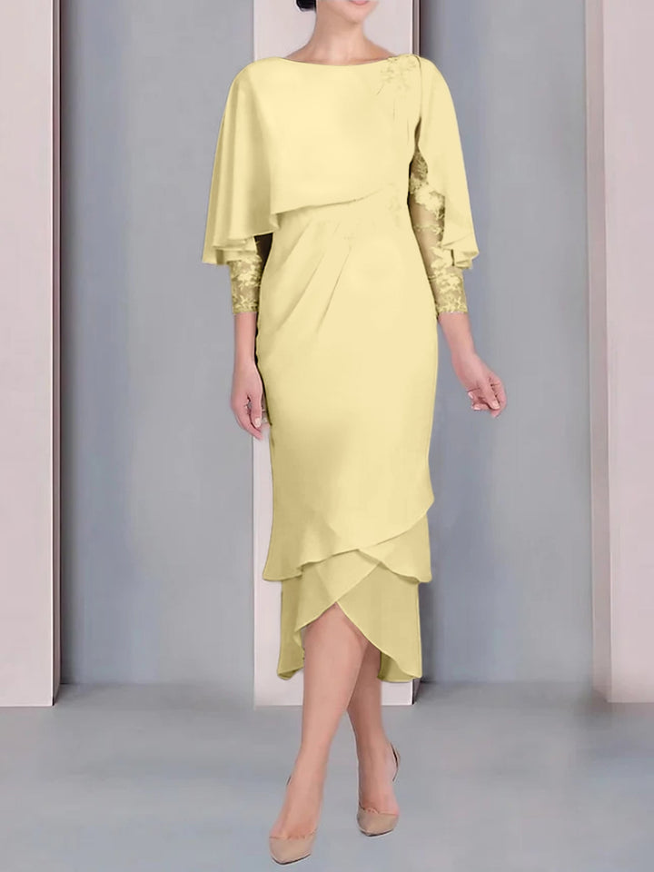 Robe de Mère de la Mariée Fourreau/Colonne à Manches Courtes et Longueur Thé avec Appliques et Dentelle