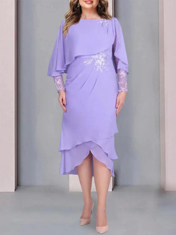 Robe de Mère de la Mariée Grande Taille à Manches Courtes et Col en V avec Appliques et Dentelle