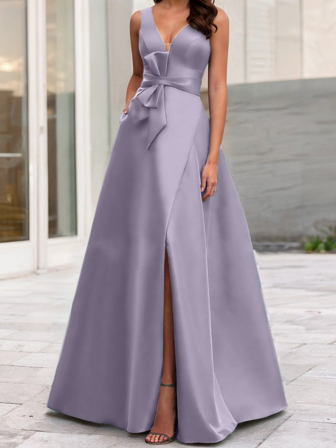 Robe de Mère de la Mariée Coupe A-Line/Princess à Col en V Sans Manches avec Fente Sur le Côté