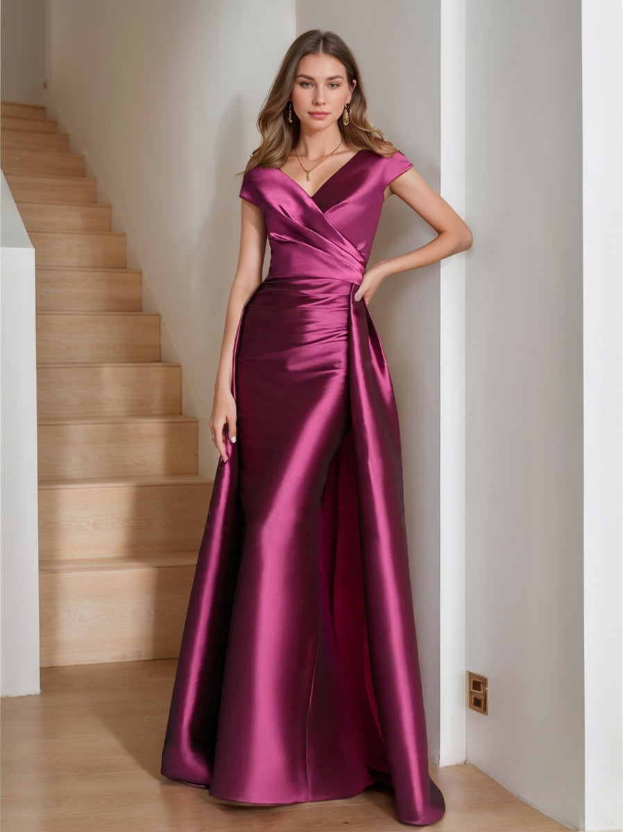 Robe de Mère de la Mariée en Satin Sans Manches à Col en V et Gaine/Colonne