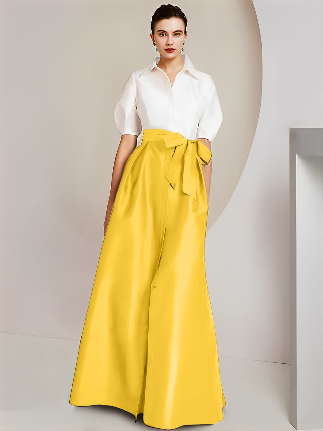 Robe Mère de la Mariée 2 Pièces Coupe A-Line/Princess, Col Chemise, Manches Courtes, Longueur Au Sol, avec Nœud