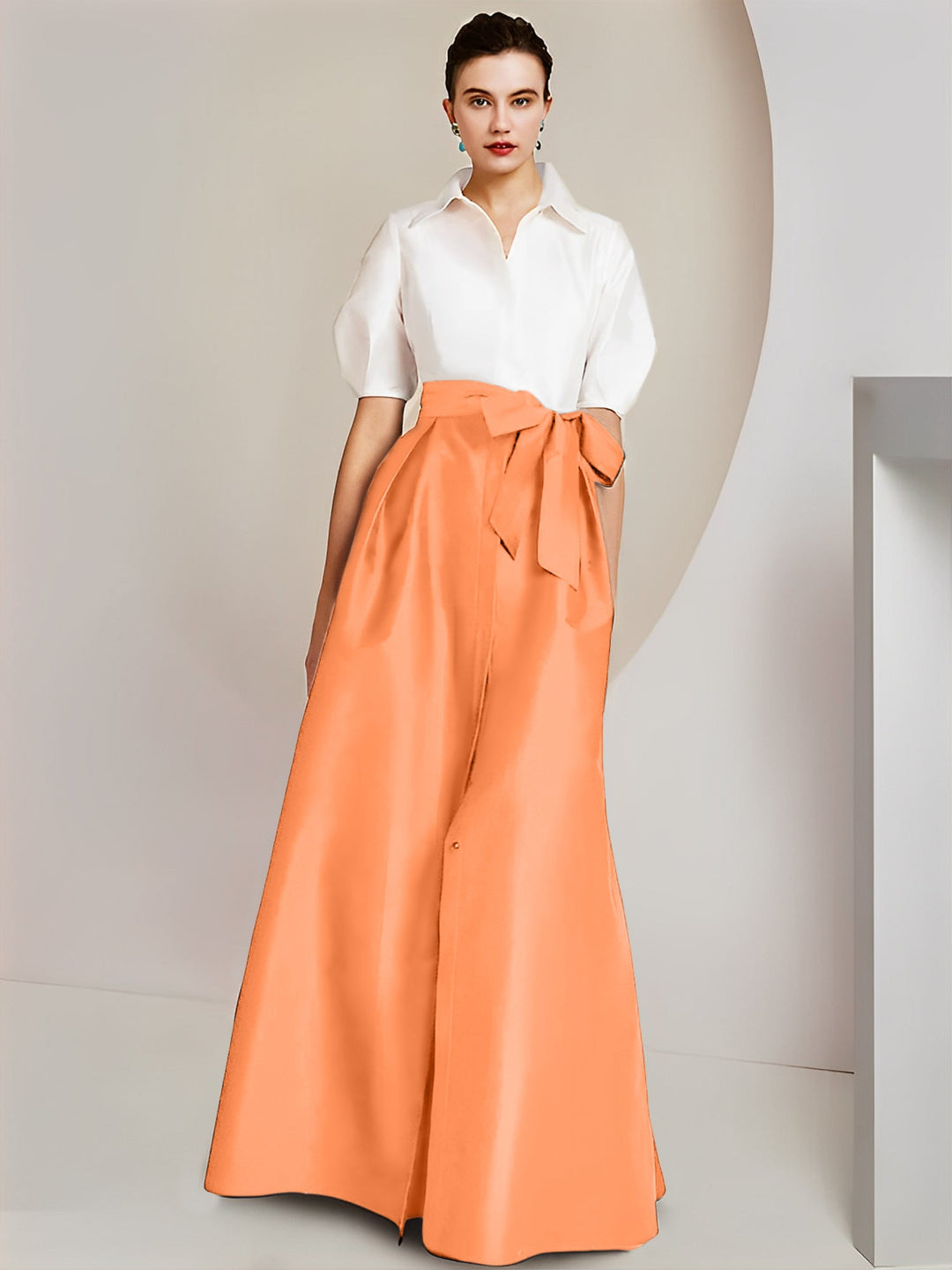 Robe Mère de la Mariée 2 Pièces Coupe A-Line/Princess, Col Chemise, Manches Courtes, Longueur Au Sol, avec Nœud