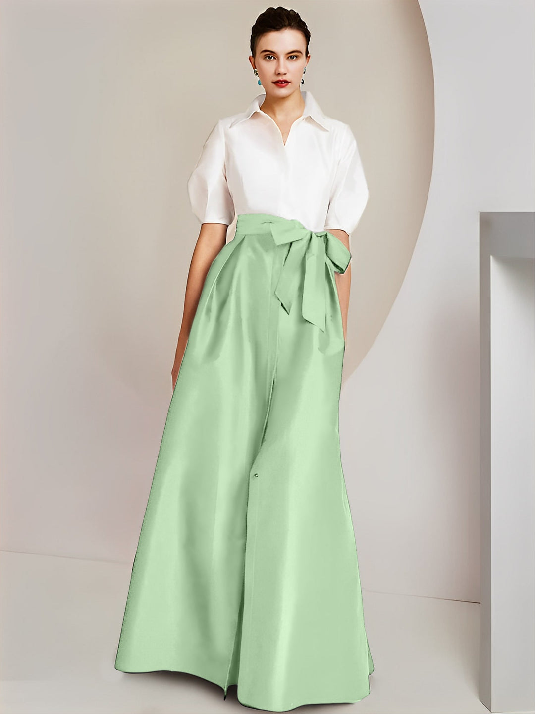 Robe Mère de la Mariée 2 Pièces Coupe A-Line/Princess, Col Chemise, Manches Courtes, Longueur Au Sol, avec Nœud