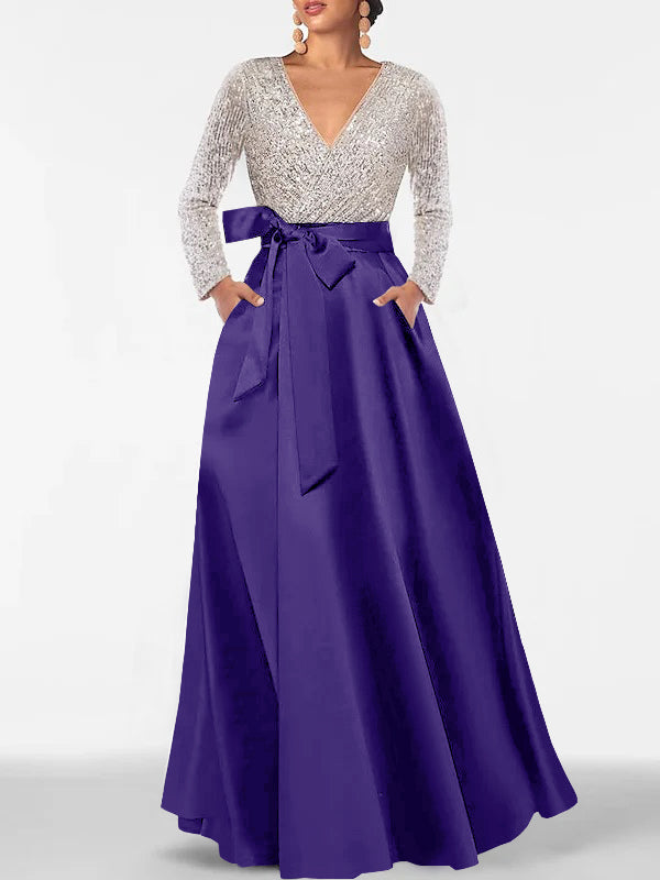 Robe de Mère de la Mariée Coupe A-Line/Princess, Col en V, Manches Longues, Longueur Au Sol, avec Poche et Paillettes