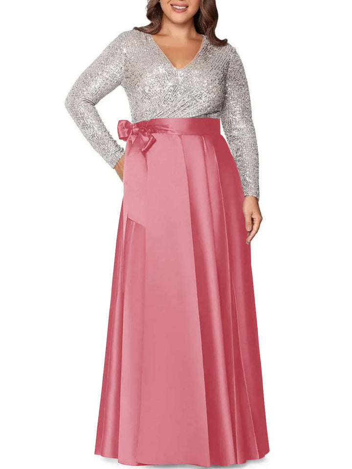 Robe de Mère de la Mariée Grande Taille, Coupe A-Line/Princess, Col en V, Manches Longues, Longueur Au Sol, avec Poches et Paillettes