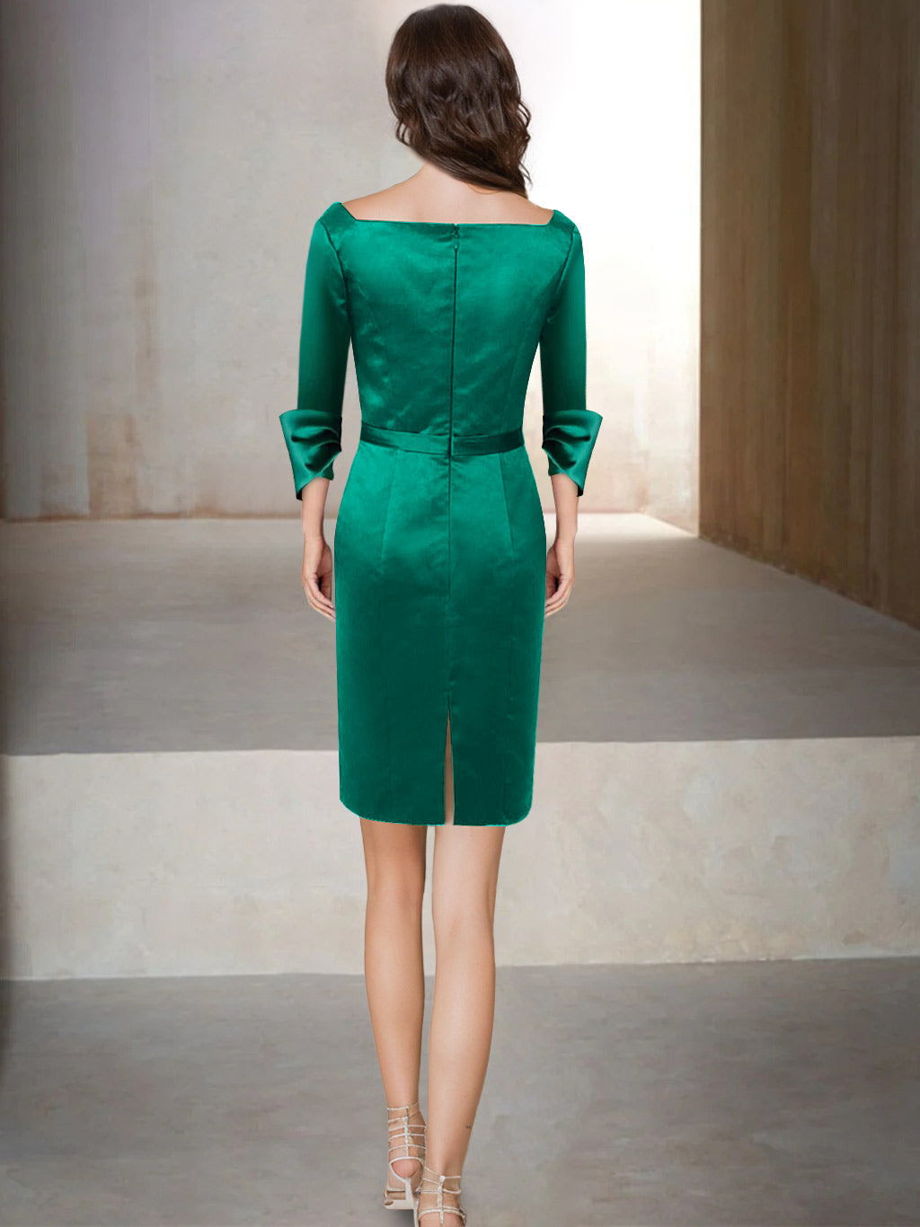 Robe de Mère de la Mariée Fourreau/Colonne à Col en V et Manches 3/4 Au Genou avec Ceinture