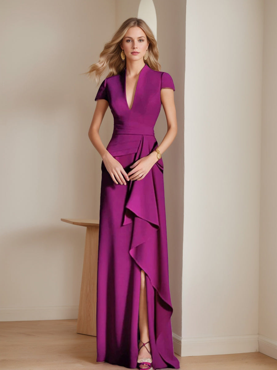 Robe de Mère de la Mariée Fourreau/Colonne à Col en V et Manches Courtes, Longueur Au Sol, avec Fente Sur le Côté