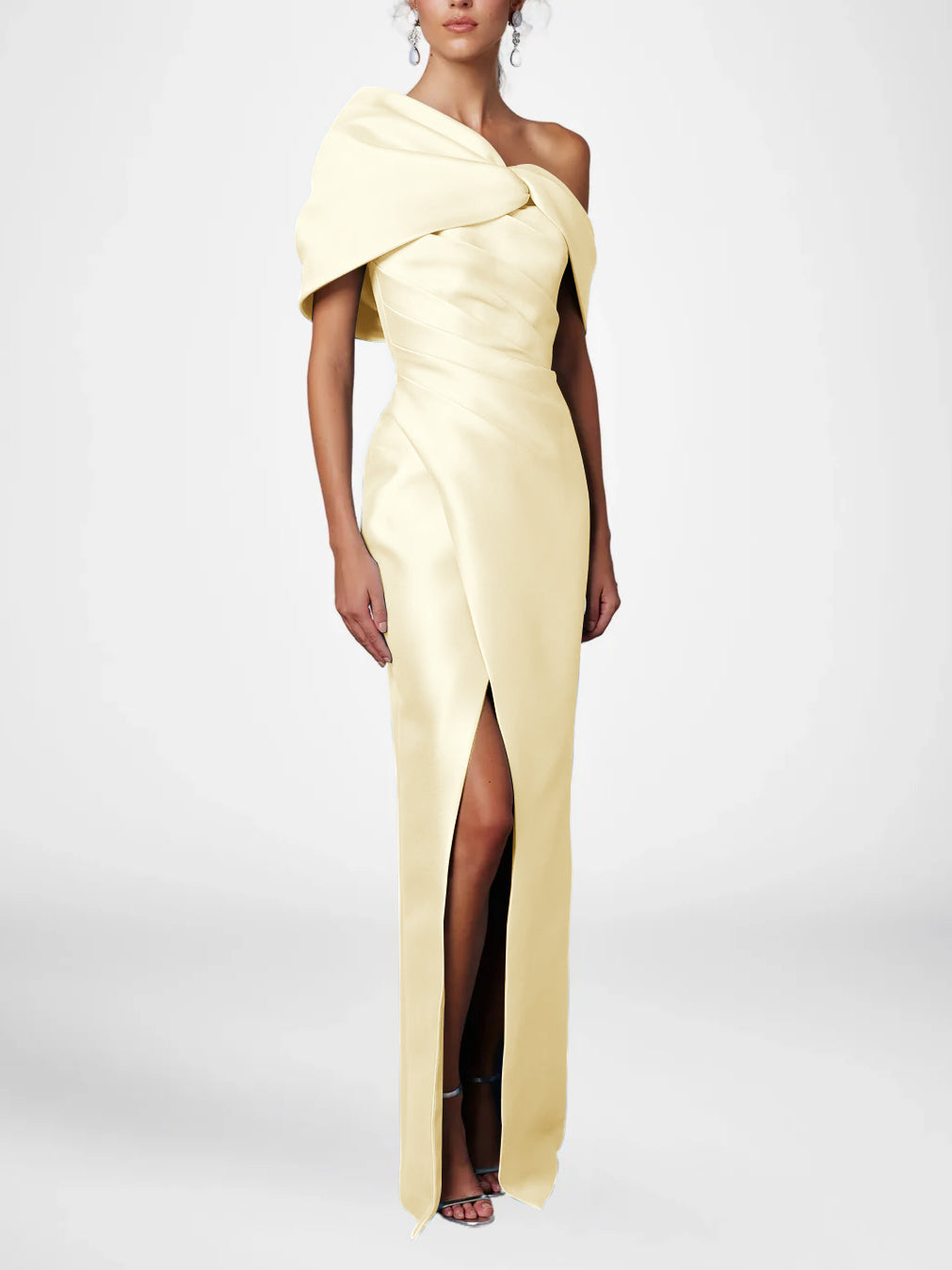 Robe de Mère de la Mariée Fourreau/Colonne à Une Épaule et Demi-Manches, Longueur Au Sol, avec Volants