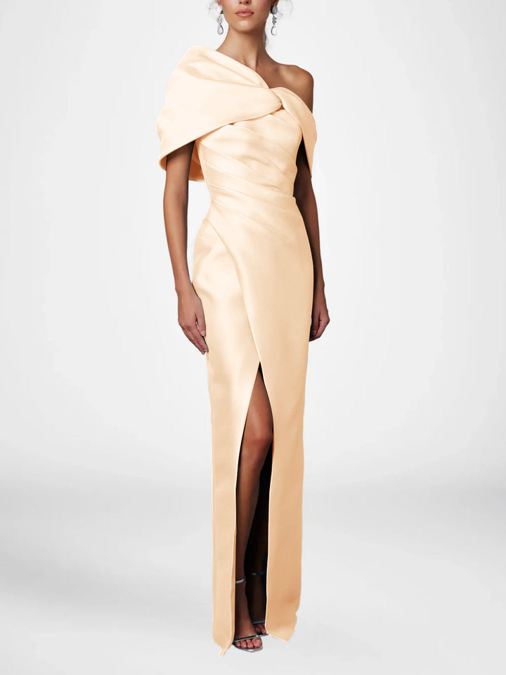 Robe de Mère de la Mariée Fourreau/Colonne à Une Épaule et Demi-Manches, Longueur Au Sol, avec Volants