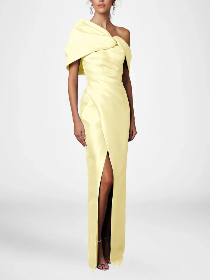 Robe de Mère de la Mariée Fourreau/Colonne à Une Épaule et Demi-Manches, Longueur Au Sol, avec Volants