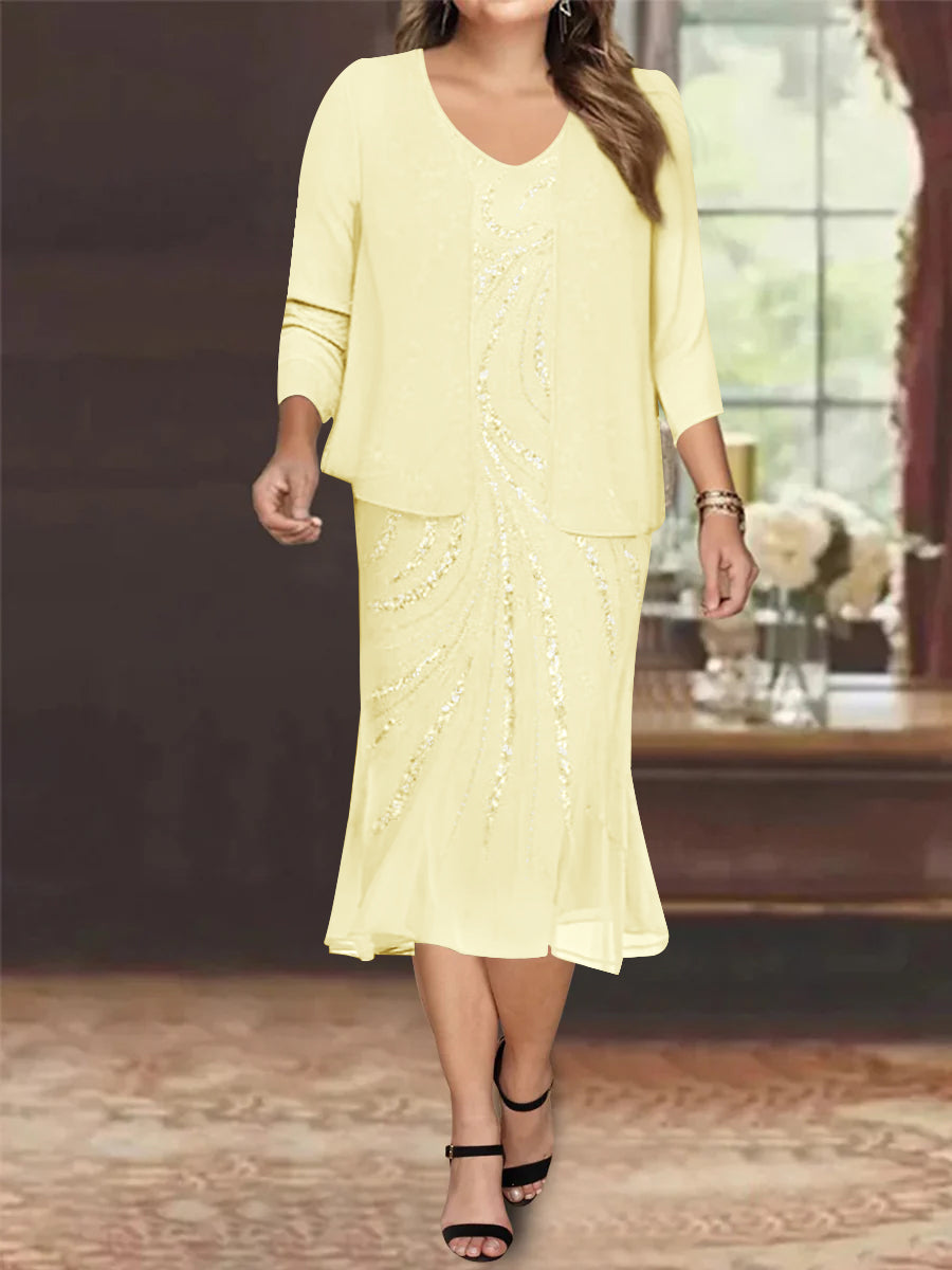 Robe de Mère de la Mariée Grande Taille en Mousseline de Soie 2 Pièces à Col en V Longueur Genou avec Veste et Paillettes