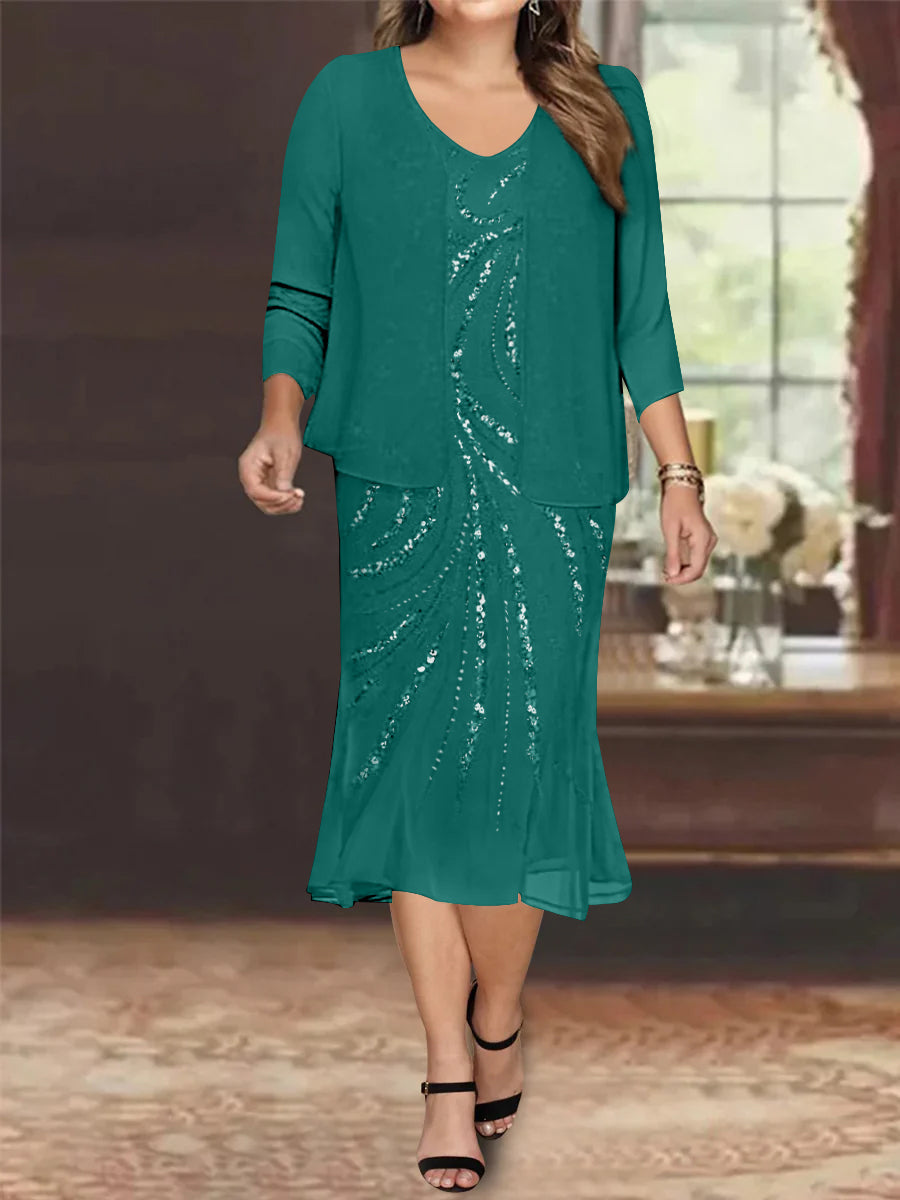 Robe de Mère de la Mariée Grande Taille en Mousseline de Soie 2 Pièces à Col en V Longueur Genou avec Veste et Paillettes