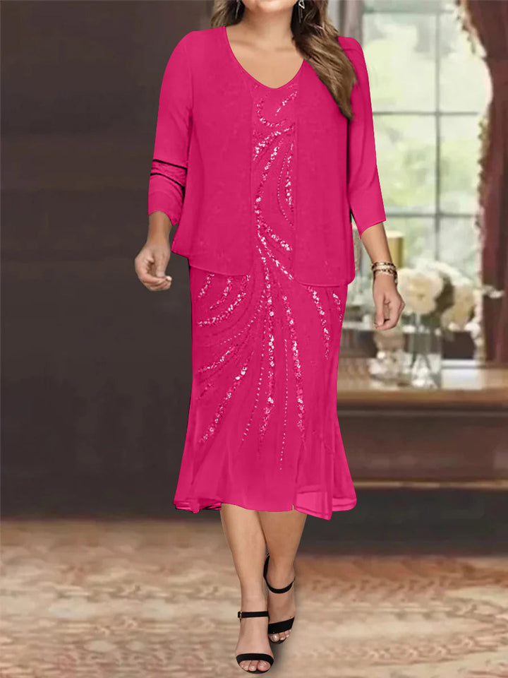 Robe de Mère de la Mariée Grande Taille en Mousseline de Soie 2 Pièces à Col en V Longueur Genou avec Veste et Paillettes