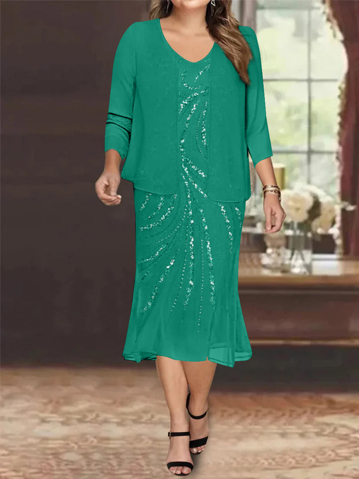 Robe de Mère de la Mariée Grande Taille en Mousseline de Soie 2 Pièces à Col en V Longueur Genou avec Veste et Paillettes