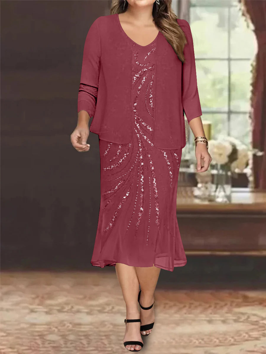 Robe de Mère de la Mariée Grande Taille en Mousseline de Soie 2 Pièces à Col en V Longueur Genou avec Veste et Paillettes