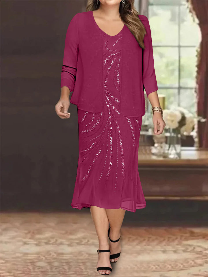 Robe de Mère de la Mariée Grande Taille en Mousseline de Soie 2 Pièces à Col en V Longueur Genou avec Veste et Paillettes